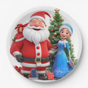 Weihnachtsmann und Schneemädchen feiern Weihnachte Pappteller