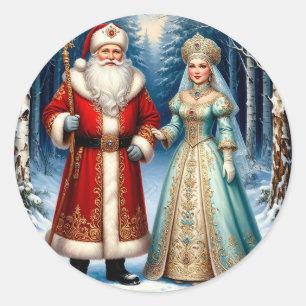 Weihnachtsmann und Schneemädchen feiern Weihnachte Runder Aufkleber