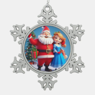 Weihnachtsmann und Schneemädchen feiern Weihnachte Schneeflocken Zinn-Ornament