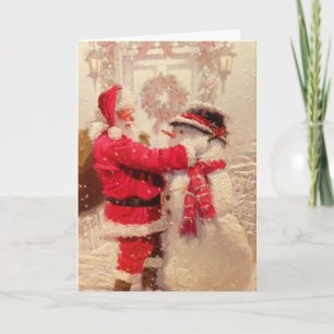 Weihnachtsmann und Schneemann im Retro-Stil Feiertagskarte