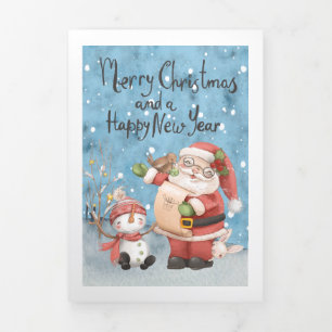 Weihnachtsmann und Schneemann Personalisiert Dreifach Gefaltete Urlaubskarte