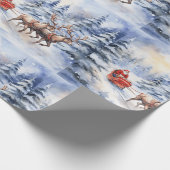 Weihnachtsmann und seine Rentiere an einem schneeb Geschenkpapier (Ecke)