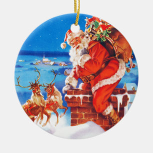 Weihnachtsmann und seine Rentiere oben auf dem Dac Keramik Ornament