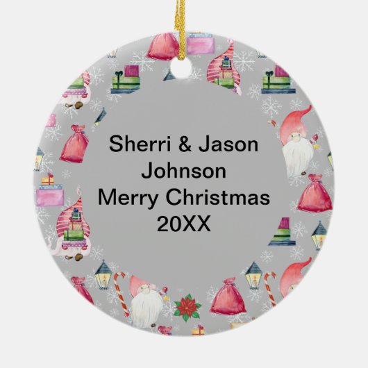 Weihnachtsmann und Silber Muster Name & Datum Keramik Ornament (Hinten)