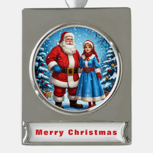 Weihnachtsmann und Snow Maiden Banner-Ornament Silber (Vorderseite)
