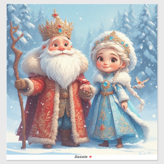Weihnachtsmann und Snow Maiden feiern Weihnachten Aufkleber (Blatt)