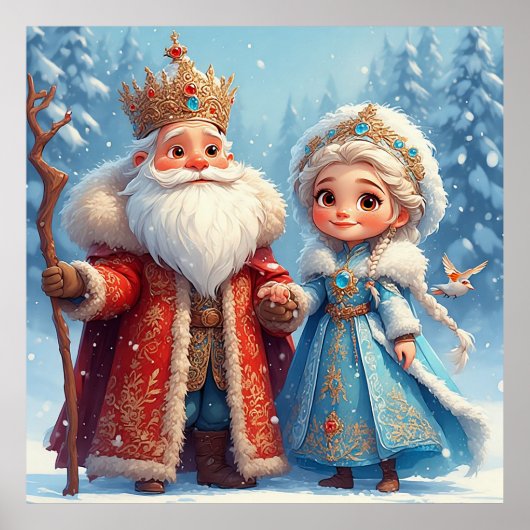Weihnachtsmann und Snow Maiden feiern Weihnachten Poster (Vorne)
