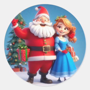 Weihnachtsmann und Snow Maiden feiern Weihnachten Runder Aufkleber