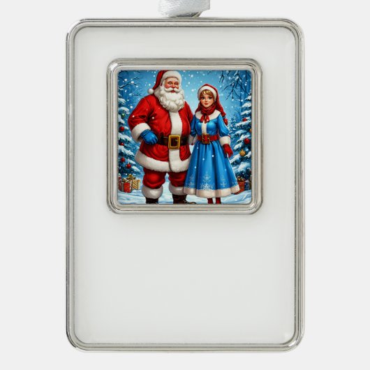 Weihnachtsmann und Snow Maiden Rahmen-Ornament Silber (Vorderseite)