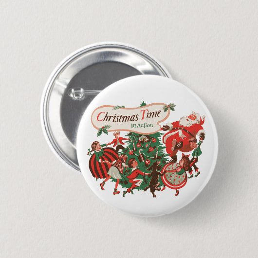 Weihnachtsmann und tanzende Kinder im Vintage-Stil Button (Vorne & Hinten)