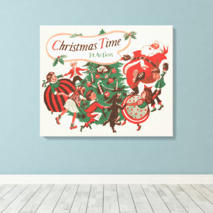 Weihnachtsmann und tanzende Kinder im Vintage-Stil Leinwanddruck