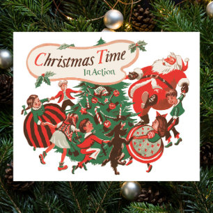 Weihnachtsmann und tanzende Kinder im Vintage-Stil Poster