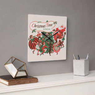 Weihnachtsmann und tanzende Kinder im Vintage-Stil Quadratische Wanduhr
