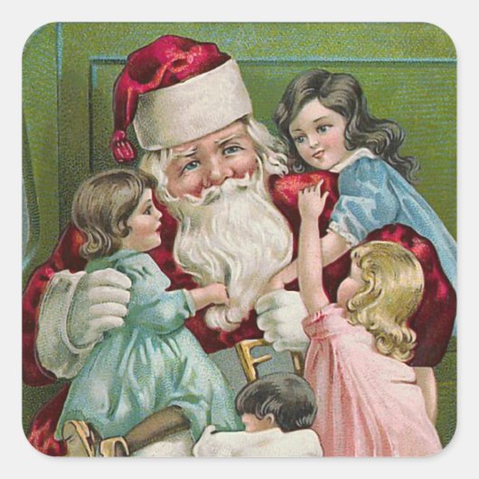 "Weihnachtsmann und vier Kinder" Quadratischer Aufkleber (Vorderseite)