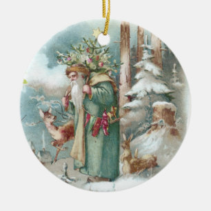 Weihnachtsmann und Waldtiere Vintage-Weihnachten Keramik Ornament