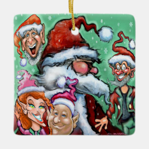 Weihnachtsmann und Weihnachtselfen Keramikornament