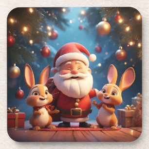 Weihnachtsmann und zwei fröhliche Kaninchen Getränkeuntersetzer