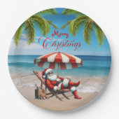 Weihnachtsmann unter einem Strandsonnenschirm Pappteller (Vorderseite)
