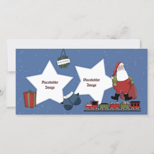 Weihnachtsmann, Zug, Geschenk und Weihnachtskranz Feiertagskarte