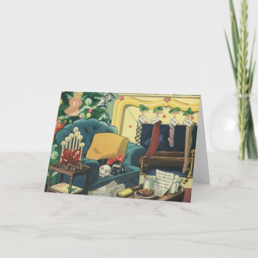 Weihnachtsmänner im Wohnzimmer Feiertagskarte (Vorderseite)