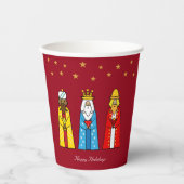 Weihnachtsmänner und Goldene Sterne auf Rot Pappbecher (Vorderseite)