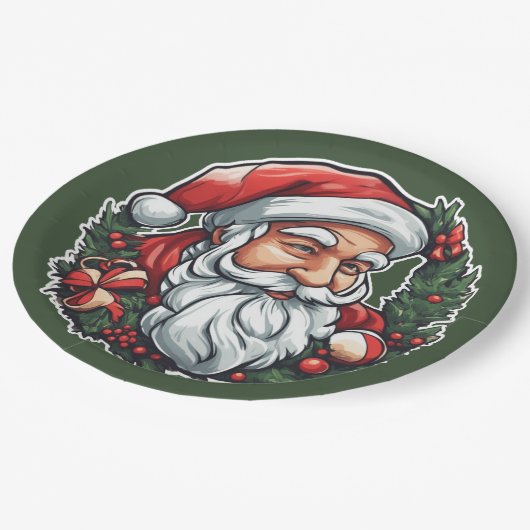 Weihnachtsmannkopf mit Kranz - Pappteller (Schrägansicht)