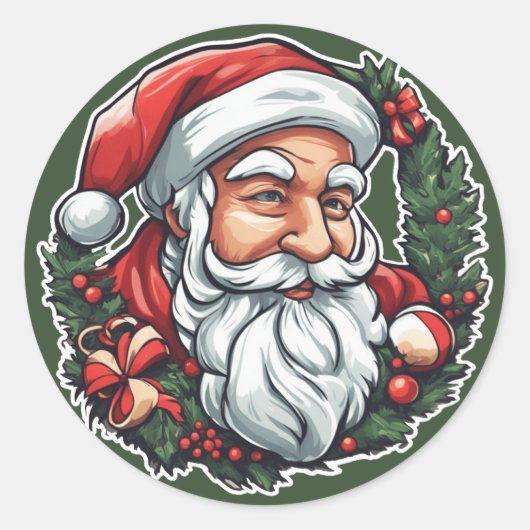 Weihnachtsmannkopf mit Kranz - Runder Aufkleber (Vorderseite)