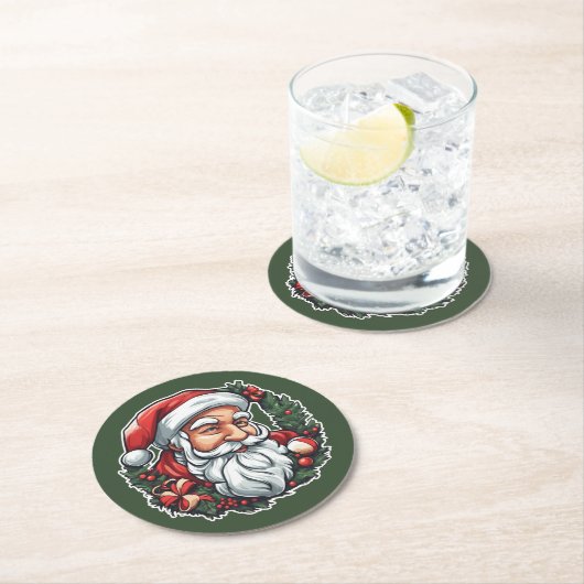 Weihnachtsmannkopf mit Kranz - Runder Pappuntersetzer (Vor Ort)