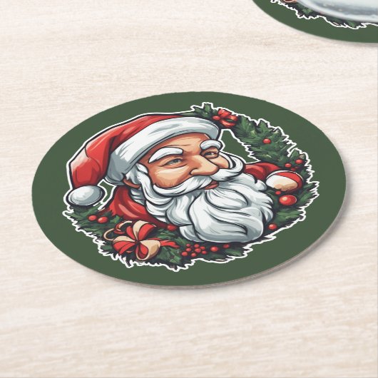 Weihnachtsmannkopf mit Kranz - Runder Pappuntersetzer (Angewinkelt)