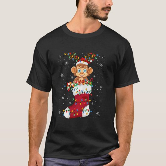 Weihnachtsmannmütze Affentier in Socken Xmas Baumh T-Shirt (Vorderseite)