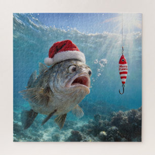 Weihnachtsmannmütze auf einem großen Fisch Puzzle