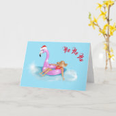 Weihnachtsmannmütze auf einer rosa Flamingo-Floatk Karte (Gelbe Blume)