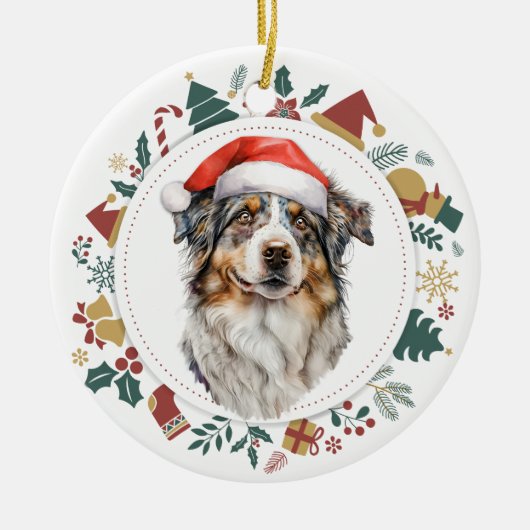 Weihnachtsmannmütze Australian Shepherd Dog Weihna Keramik Ornament (Vorne)
