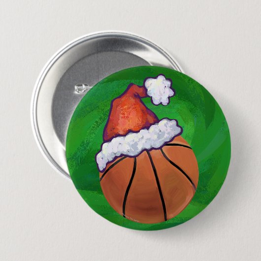 Weihnachtsmannmütze Basketball auf Grün Button (Vorne & Hinten)
