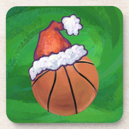 Weihnachtsmannmütze Basketball auf Grün Getränkeuntersetzer (Vorderseite)