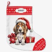 Weihnachtsmannmütze Basset Hound Welpe Snowflake B Großer Weihnachtsstrumpf (Vorderseite)