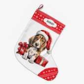 Weihnachtsmannmütze Basset Hound Welpe Snowflake B Großer Weihnachtsstrumpf (Vorderansicht (hängend))