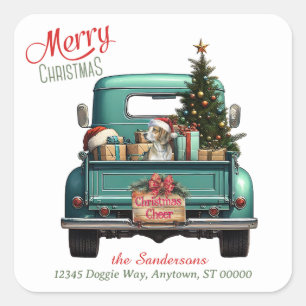 Weihnachtsmannmütze Beagle Hund Retro LKW Weihnach Quadratischer Aufkleber