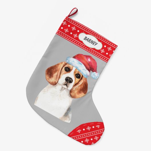Weihnachtsmannmütze Beagle Snowflake Border Großer Weihnachtsstrumpf (Vorderansicht (hängend))