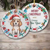 Weihnachtsmannmütze Beagle Welpenkranz Keramik Ornament