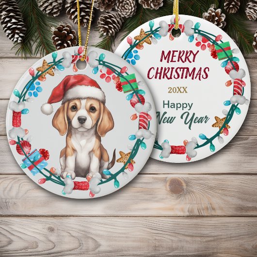 Weihnachtsmannmütze Beagle Welpenkranz Keramik Ornament