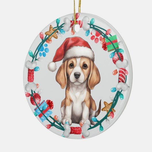 Weihnachtsmannmütze Beagle Welpenkranz Keramik Ornament (Links)