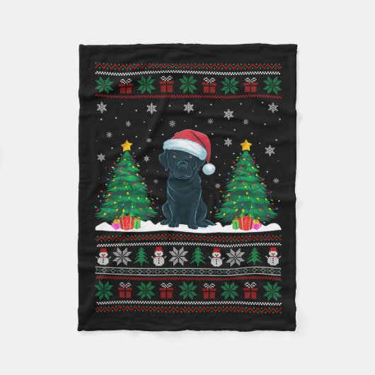 Weihnachtsmannmütze Black Labrador Hund Xmas Tree Fleecedecke (Vorderseite)