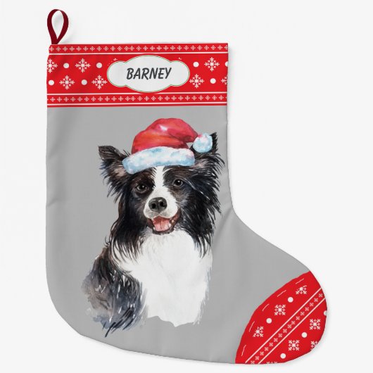 Weihnachtsmannmütze Border Collie Snowflake Border Großer Weihnachtsstrumpf (Vorderseite)