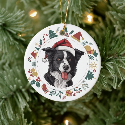 Weihnachtsmannmütze Border Collie Weihnachtsfotos Keramik Ornament (Baum)
