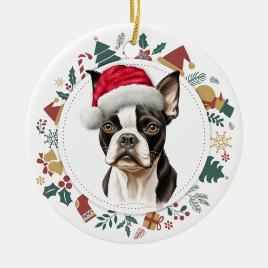 Weihnachtsmannmütze Boston Terrier Dog Weihnachtsk Keramik Ornament (Vorne)