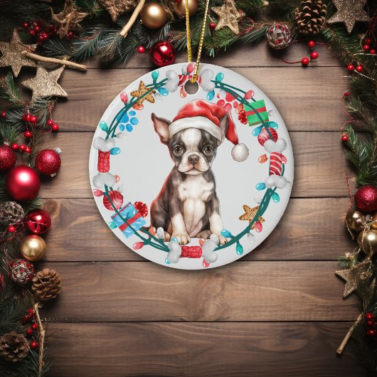 Weihnachtsmannmütze Boston Terrier Puppy Bone Krea Keramik Ornament