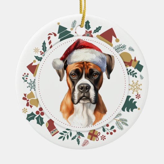 Weihnachtsmannmütze Boxer Dog Weihnachtskranz Keramik Ornament (Vorne)