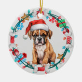 Weihnachtsmannmütze Boxer Welpe Kranz Keramik Ornament (Vorne)