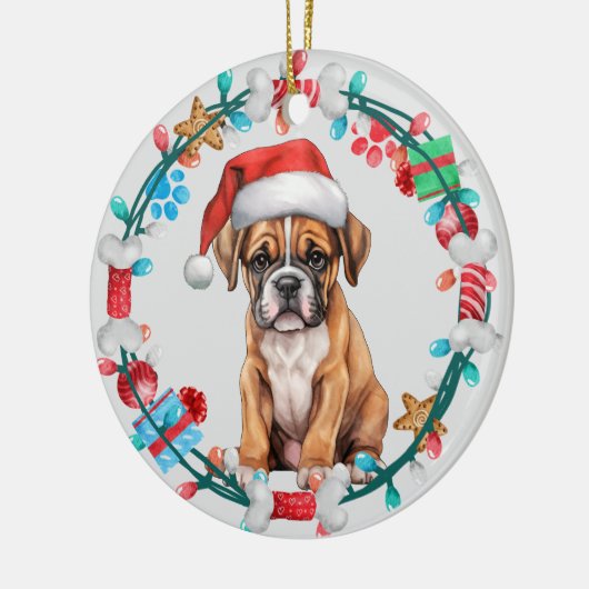 Weihnachtsmannmütze Boxer Welpe Kranz Keramik Ornament (Links)